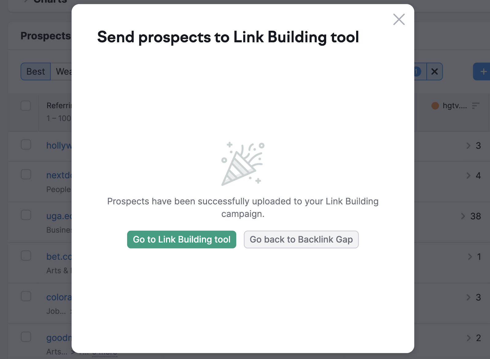 "Go to Link Building Tool," and "Go back to Backlink Gap" options show up after you sent prospects to the Link Building Tool