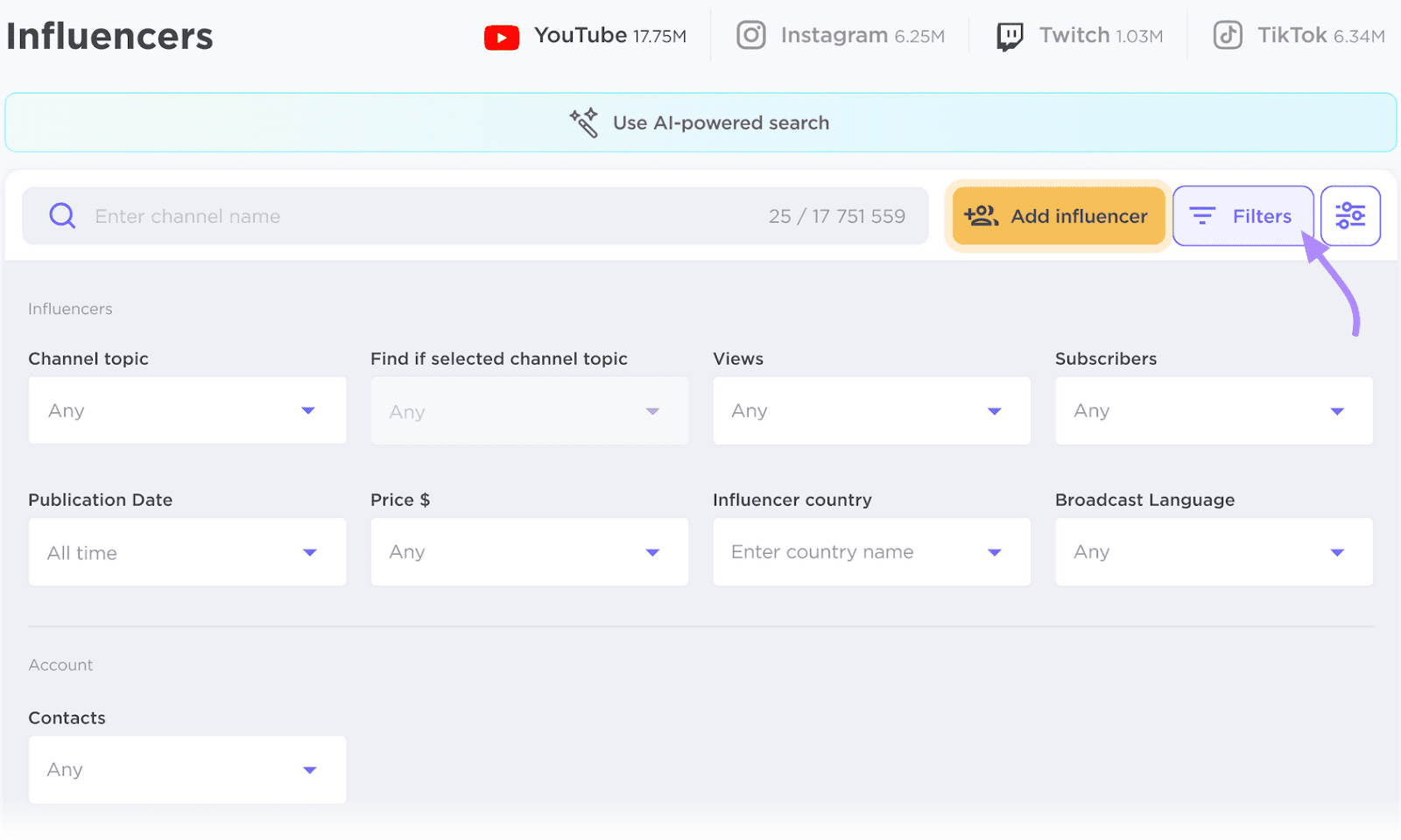 Influencer Analytics interface for searching societal  media influencers with filtering options.