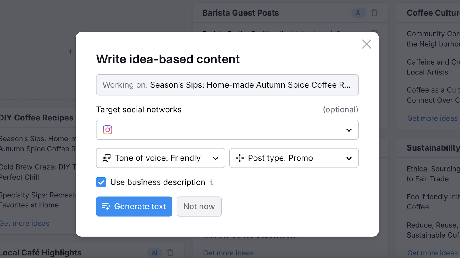 ai copywriting settings include target social networks, tone of voice, post type, and business description