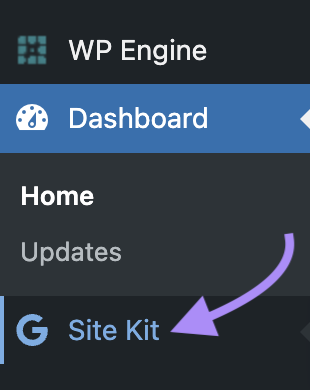 “Site Kit” highlighted in WordPress menu