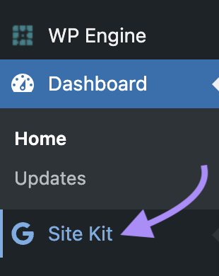 "Kit del sitio" resaltado en el menú de WordPress