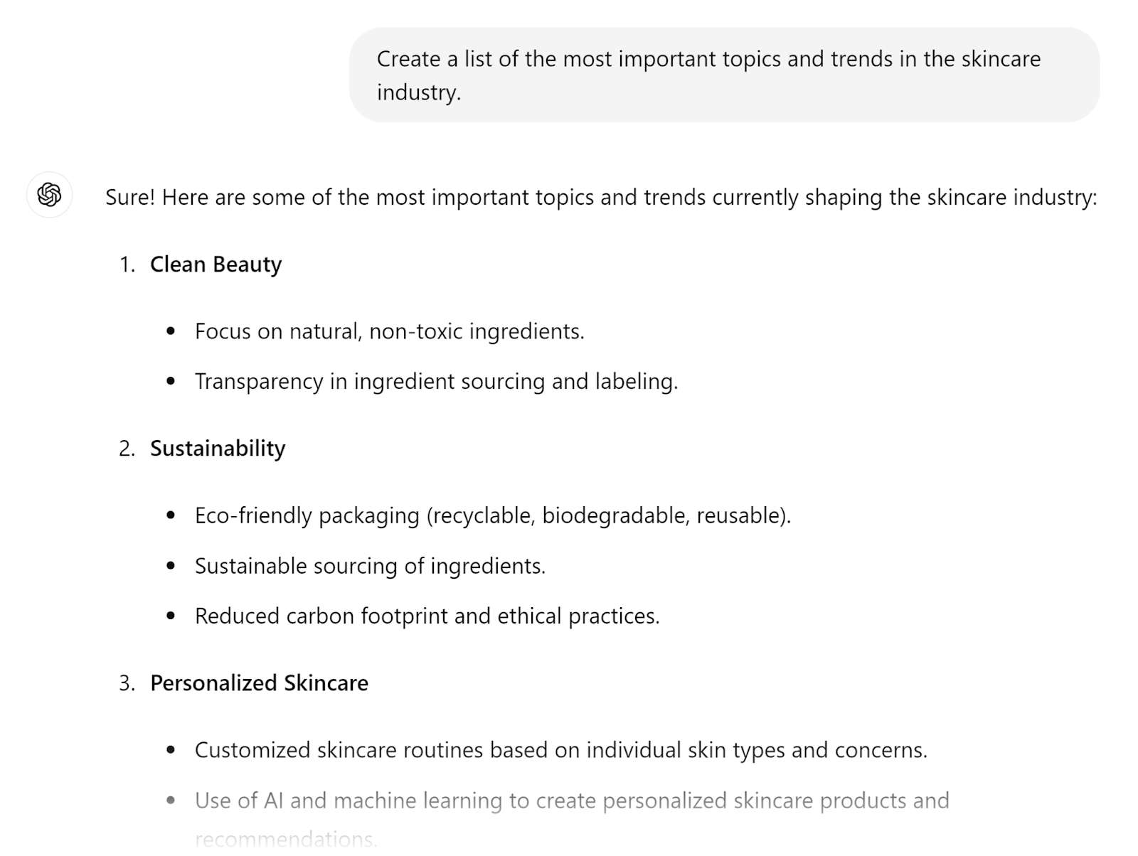 ChatGPT generated summary for top topics and trends in the skincare industry.