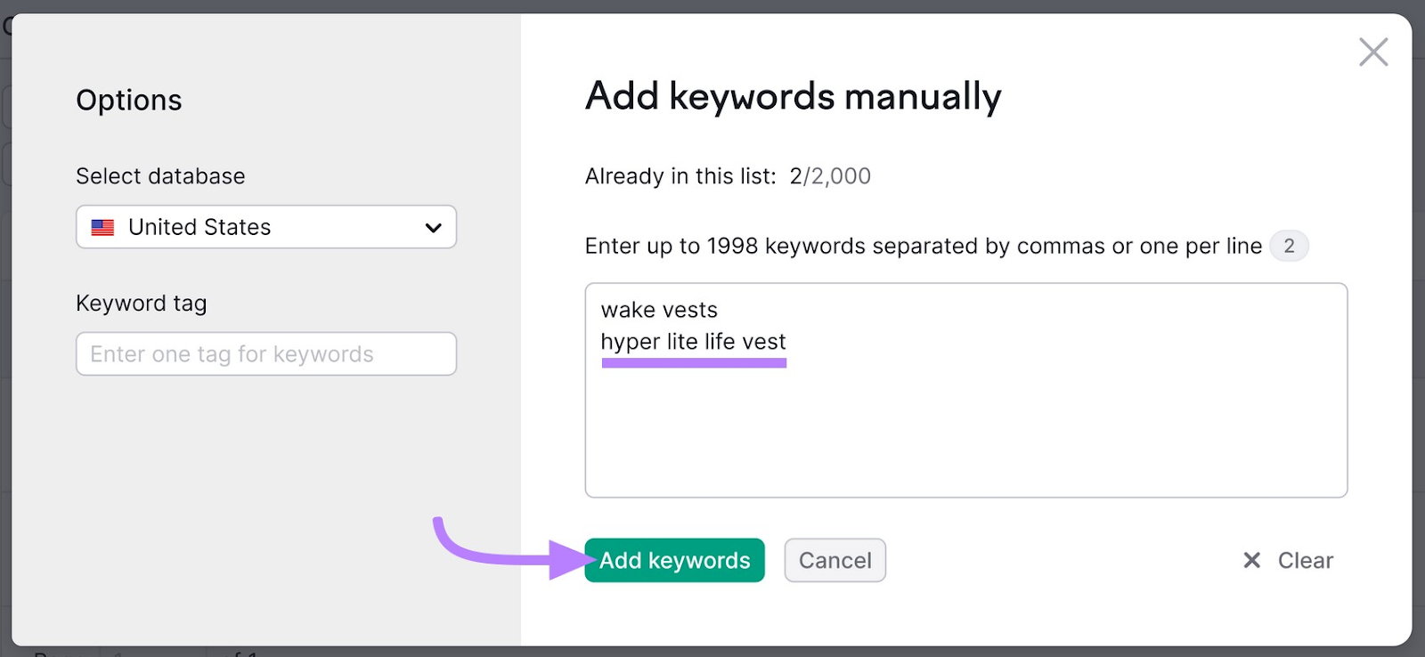 'Add keywords manually"'window with 'Add keywords' button highlighted at the bottom in Semrush Keyword Strategy Builder