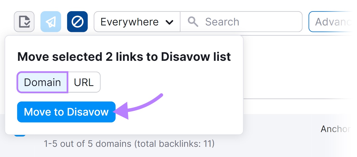 "Domain" selected above "Move to Disavow" button