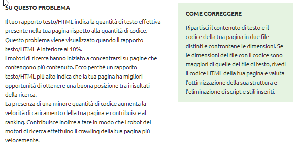 Rapporto testo/html analizzato da Site audit di SEMrush