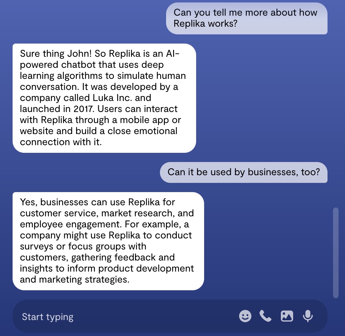 Replika's chatbot interaction with an user