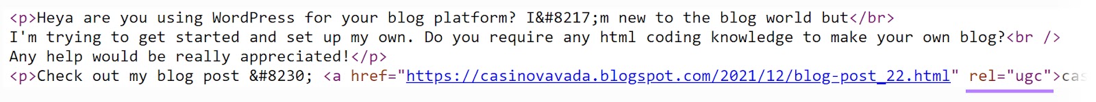 Page source of the website showing the user comment HTML code with "rel='ugc'" attribute highlighted