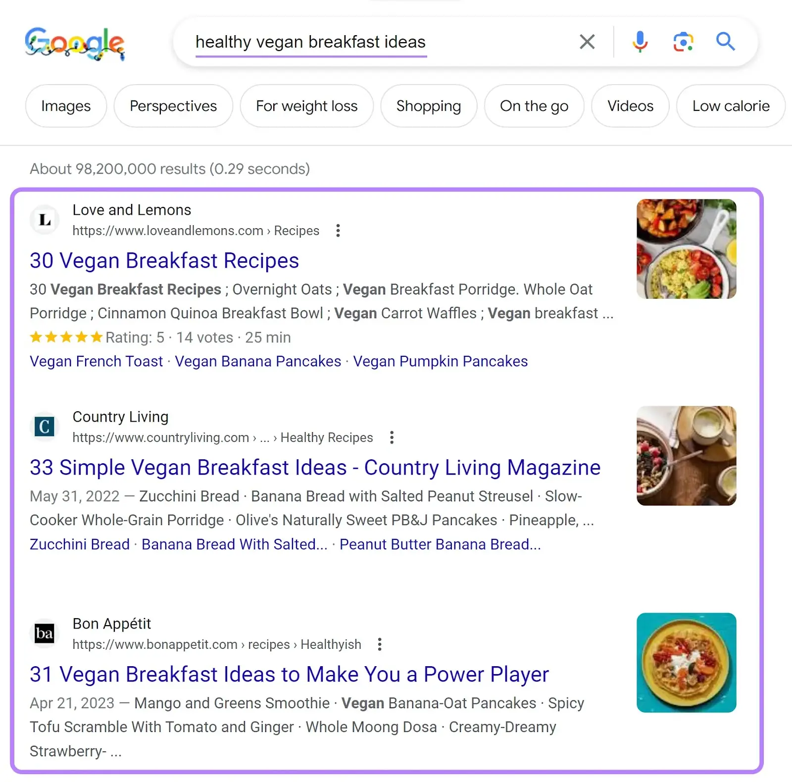 Google's SERP for "healthy vegan breakfast ideas" query shows three listings with 30+ ideas each.