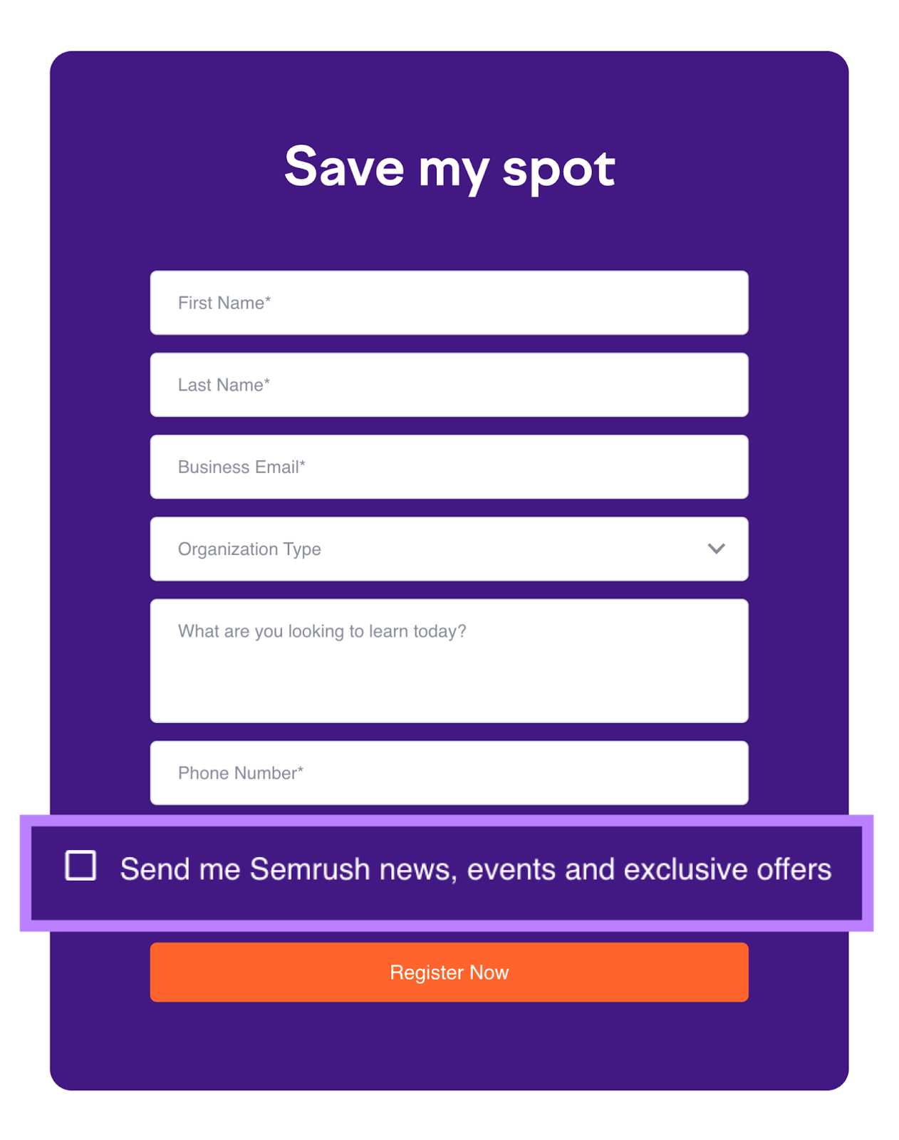 "Send me Semrush news, events and exclusive offers" checkbox in Semrush's opt-in form