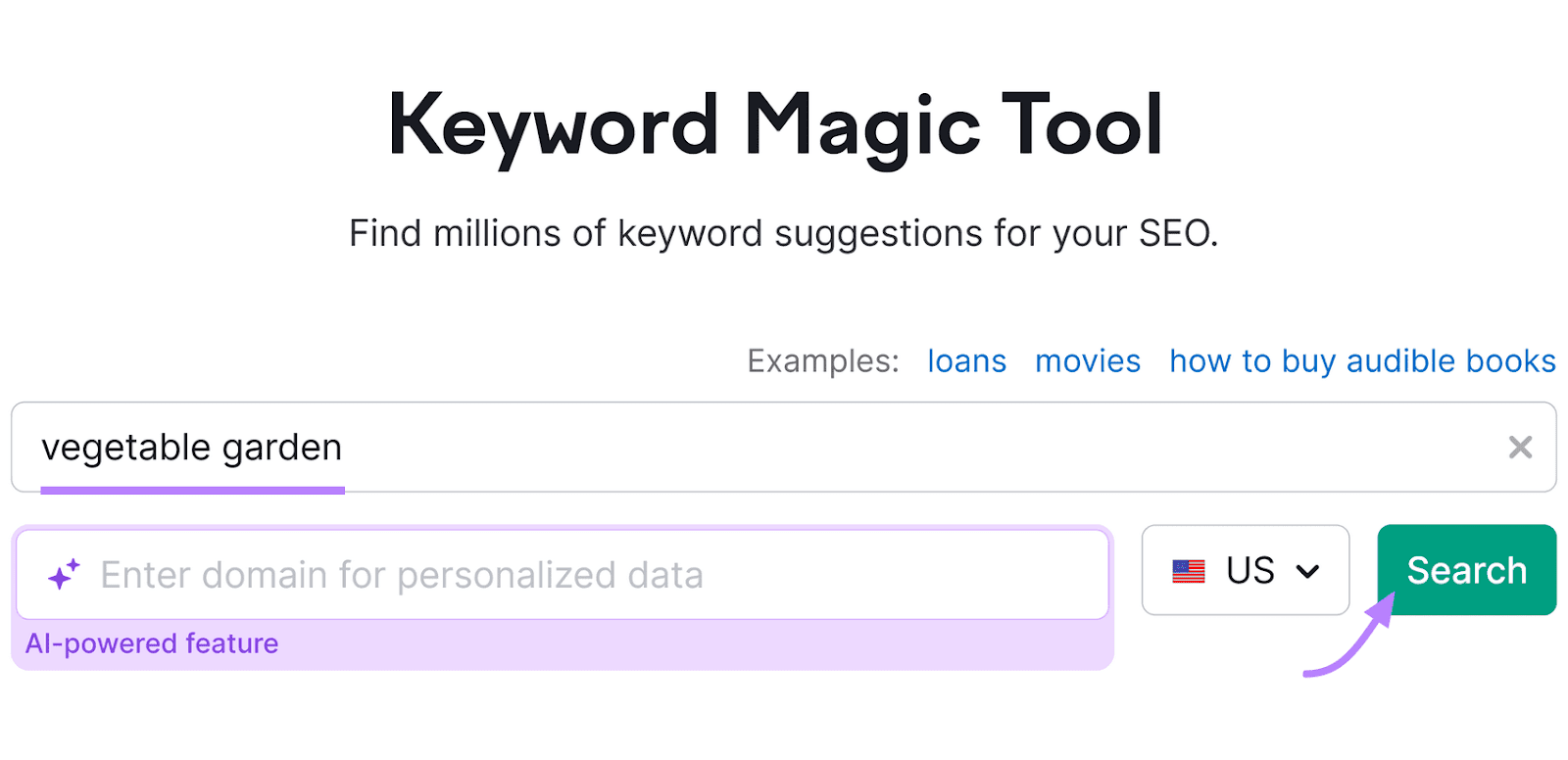 Semrush Keyword Magic Tool interface with a search for "vegetable garden" and a green "Search" button highlighted with purple arrow