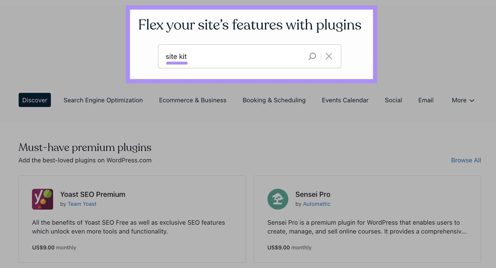 Search for "site kit" connected nan "Add Plugins" page successful WordPress