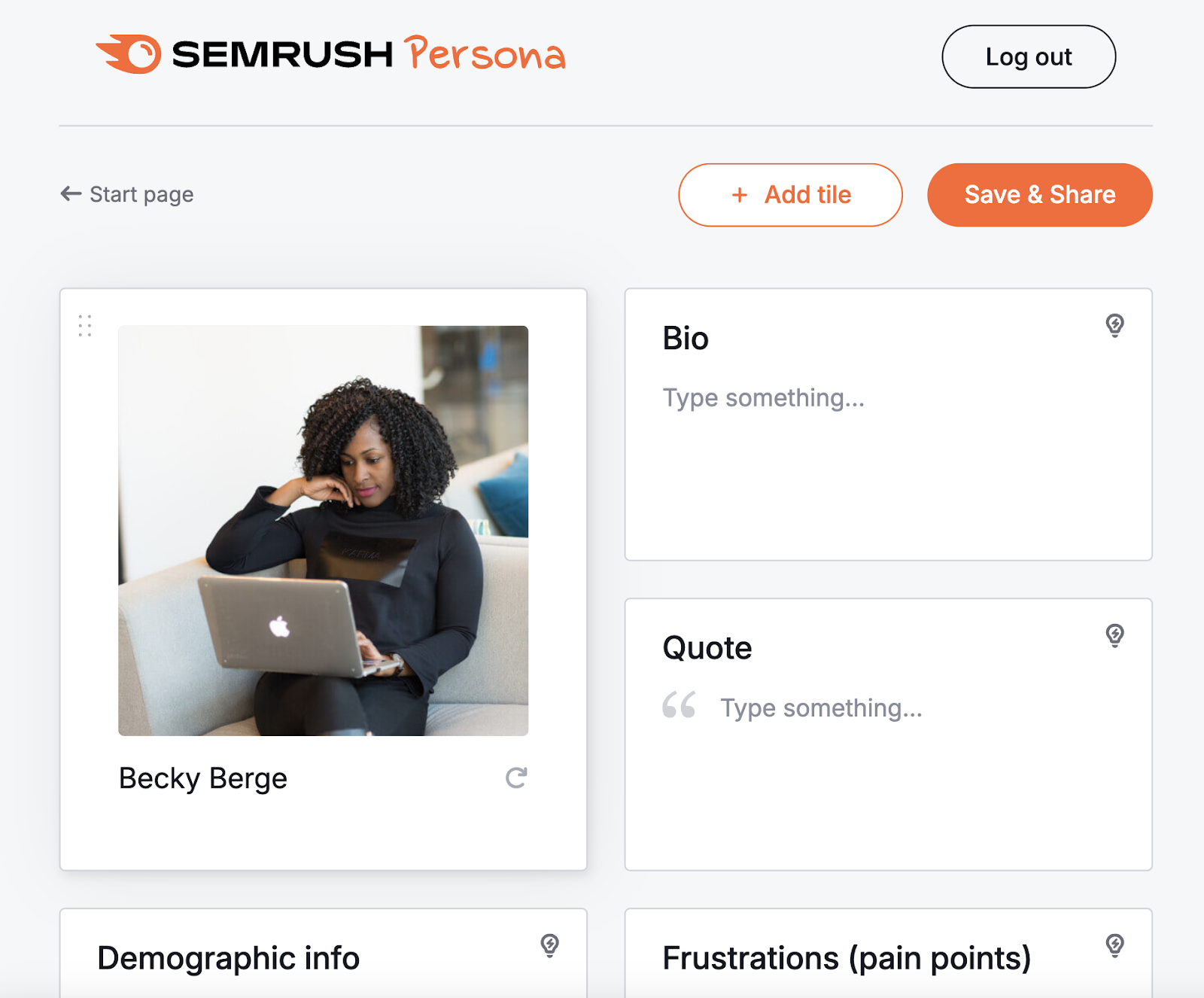 b2b persona template gives a persona picture, name, and spots to fill in demographic info, pain points, and more