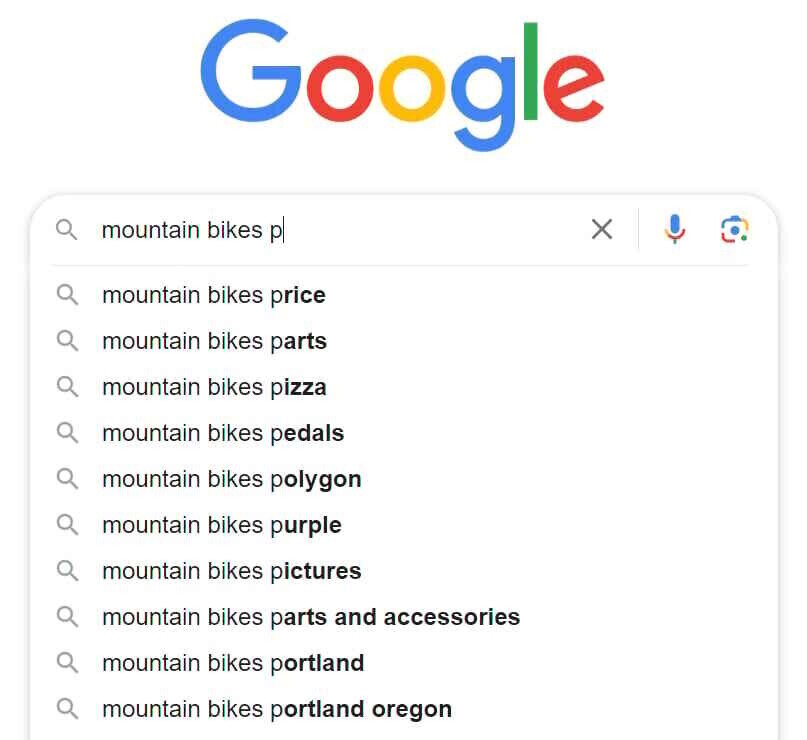 example of Google’s autocomplete suggestions when typing "mountain bikes p"