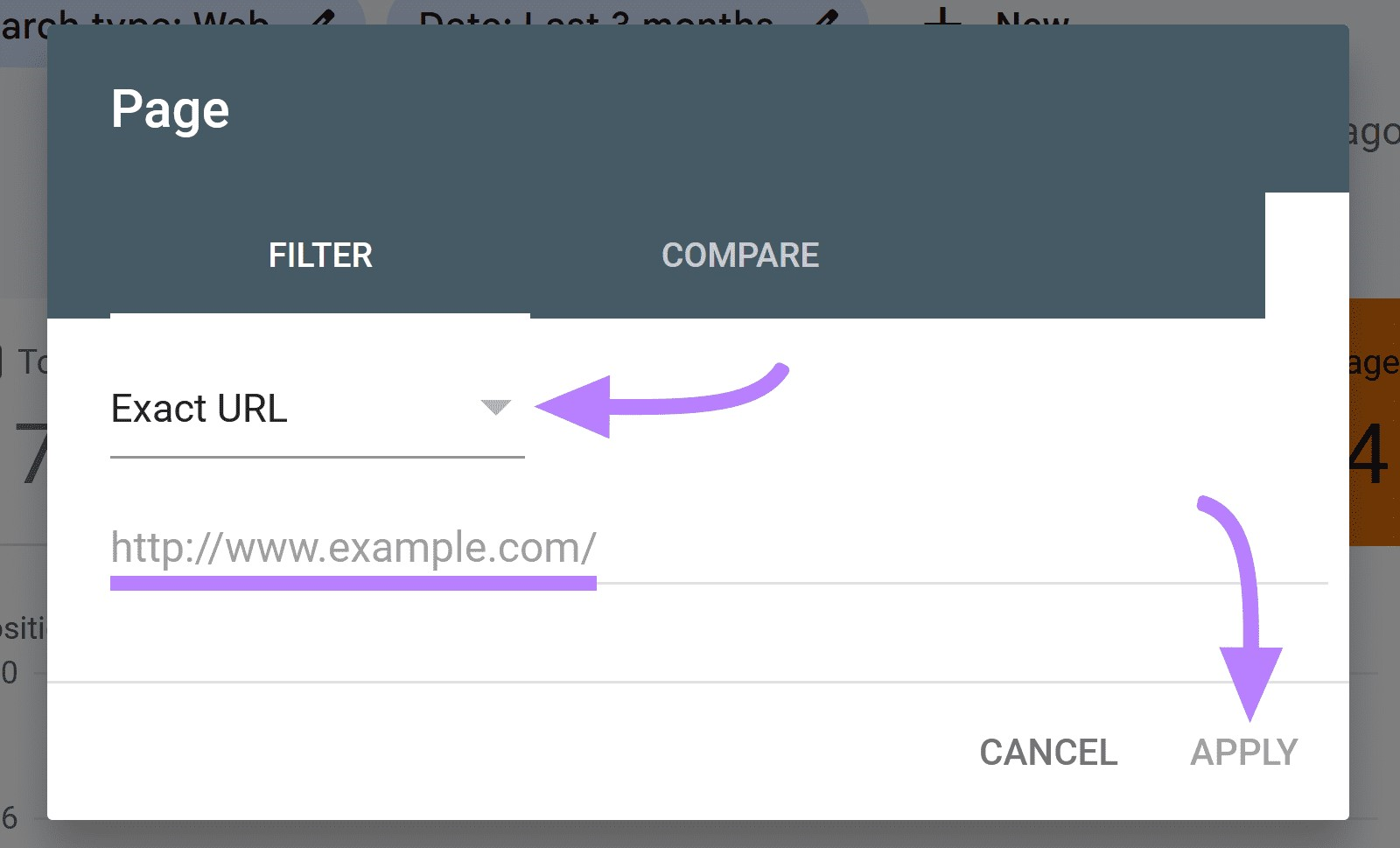 “Exact URL” selected from the drop-down and "Apply" button highlighted