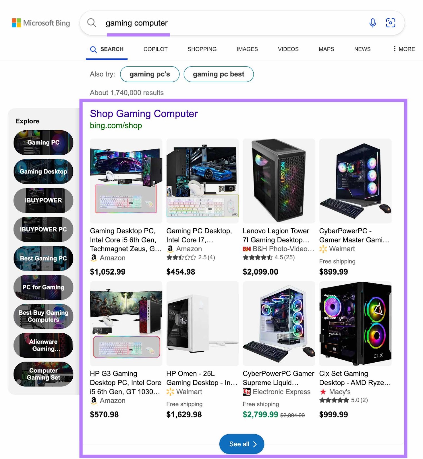 Bing SERP with the term "gaming computer" entered and the shopping results at the top highlighted.