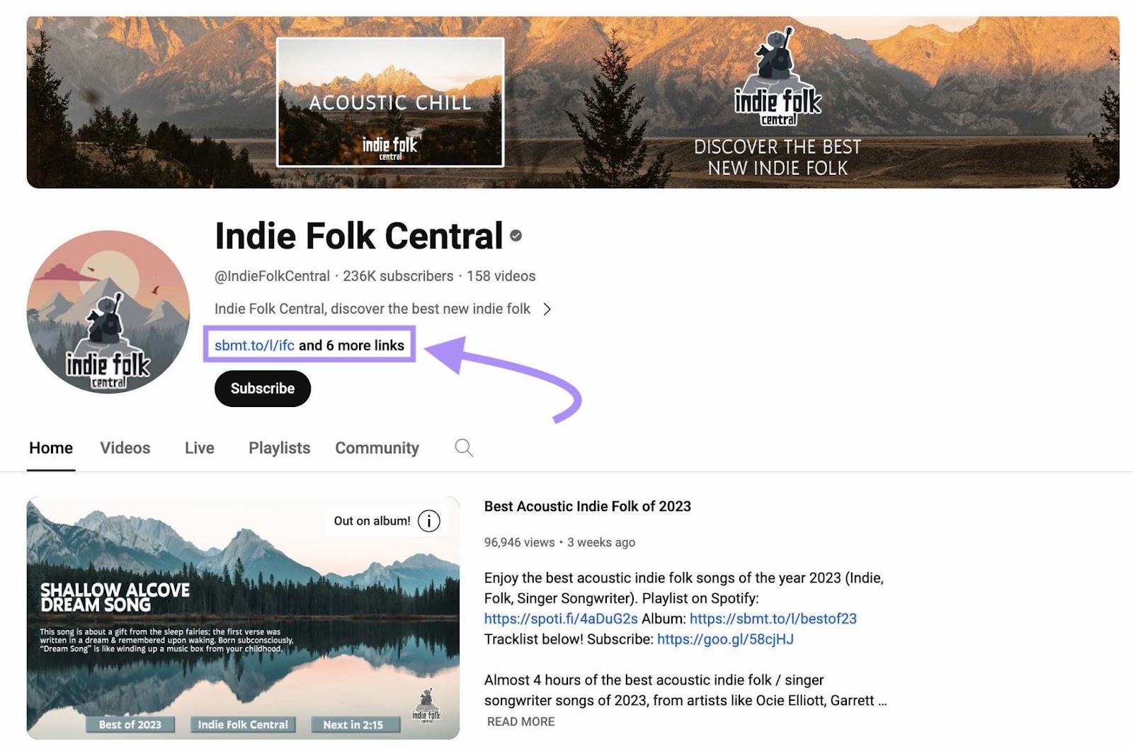 YouTube profile link below the banner of "Indie Folk Central" YouTube channel page
