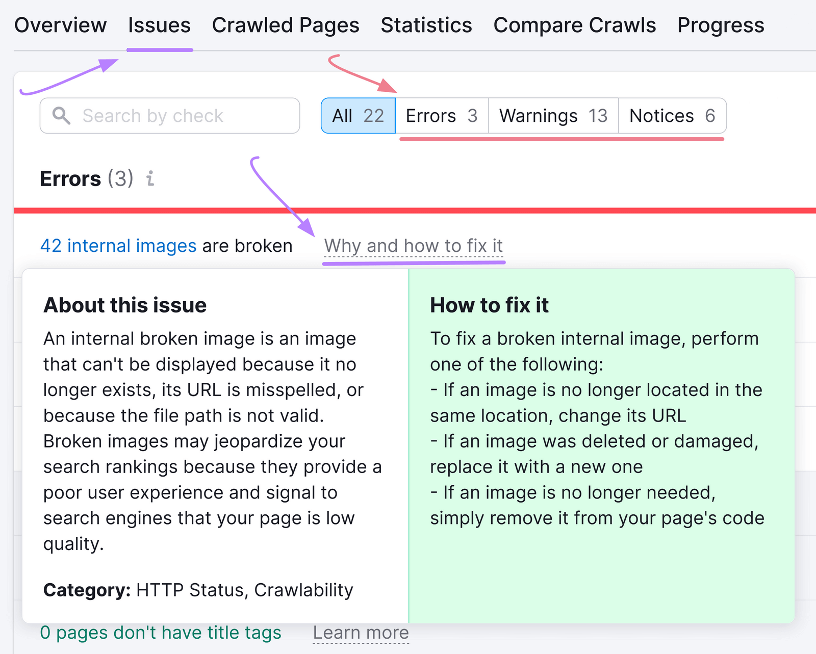 “Why and how to fix it” section in "Issues" tab