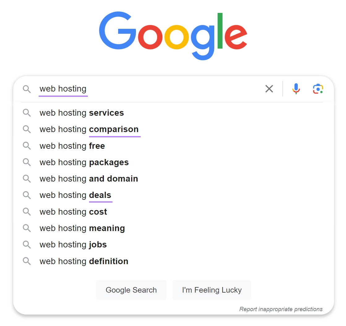 Google autocomplete suggestions when typing "web hosting" into the search