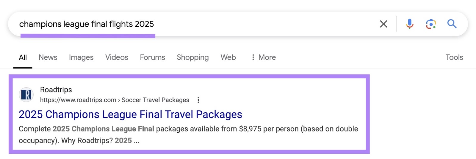 Google SERP for the term "champions league final flights 2025" with the first result being a travel package for the event.