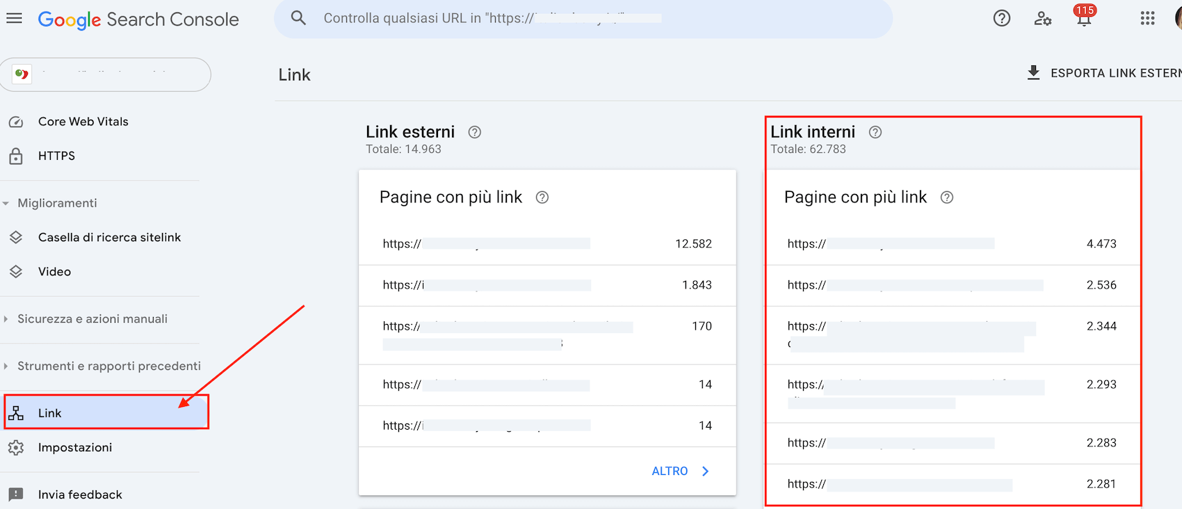 Link interni di un sito web visualizzabili in Search Console