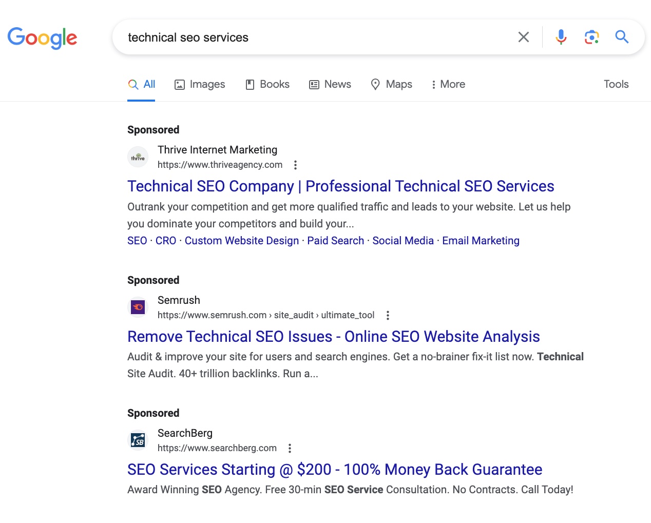 PPC ads on Google's SERP for the "technical seo services" query