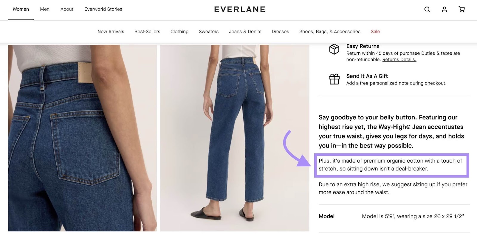 Everlane's product description for a pair of jeans