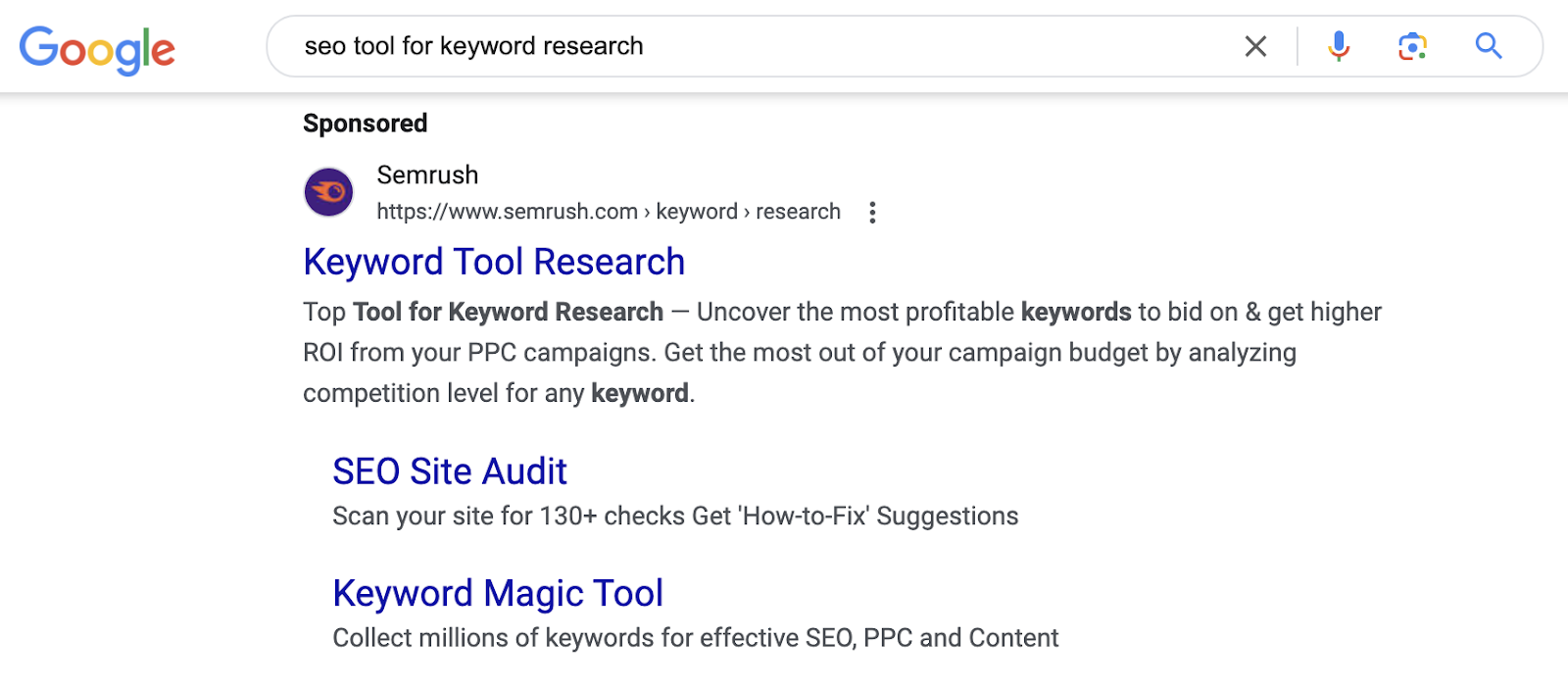 Google search results for "seo tool for keyword research" with a sponsored ad from Semrush