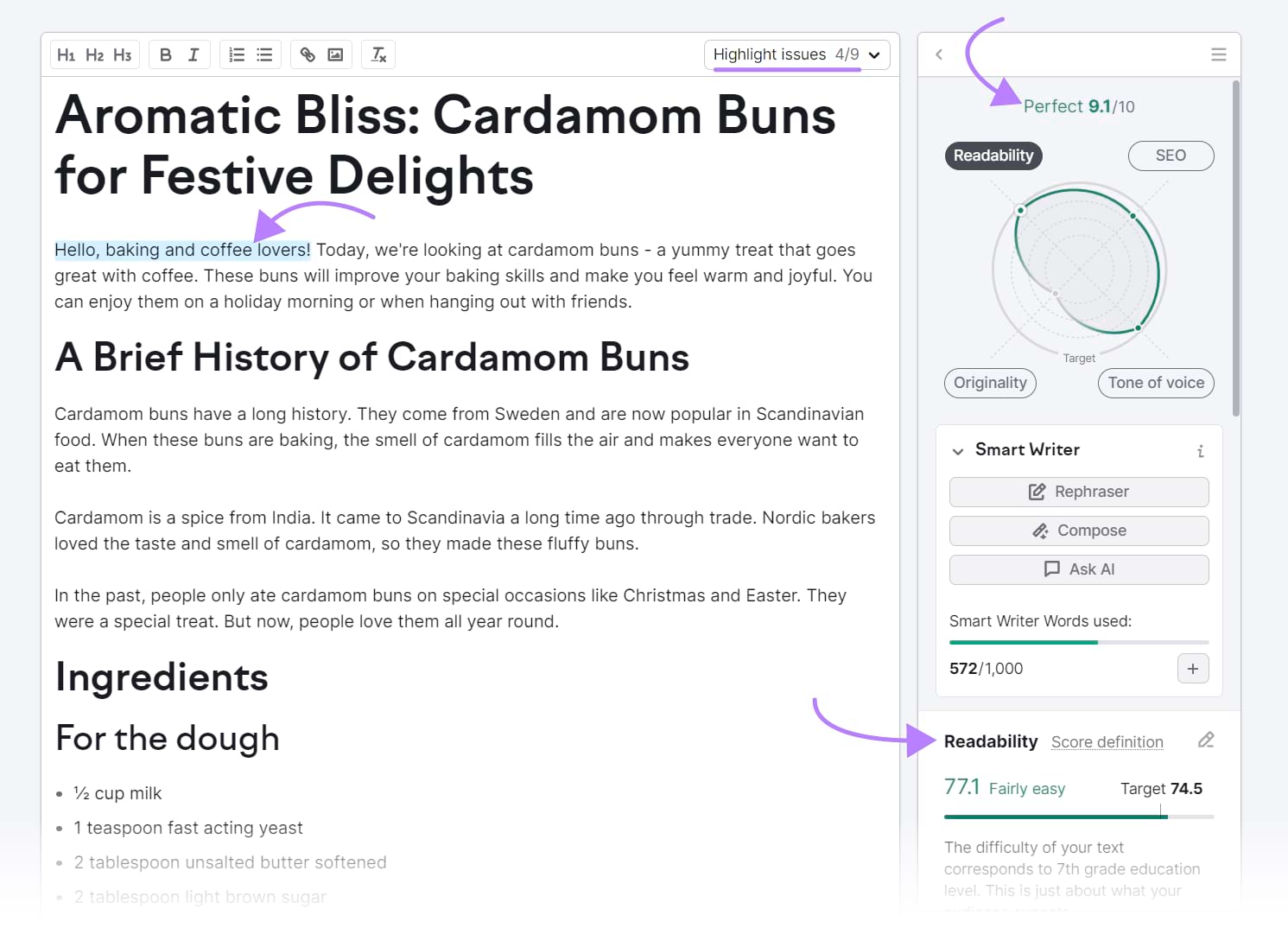 Examples of SEO Writing Assistant's suggestions on an article titled "Aromatic Bliss: Cardamom Buns for Festive Delights"