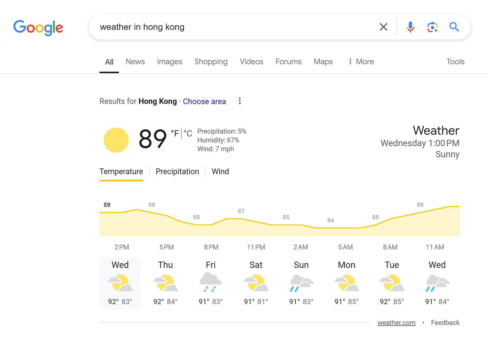 Google search results for 'weather in hong kong showing weather forecast chart