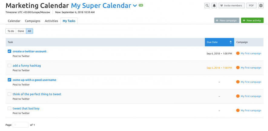 Calendario de marketing - Estado de tareas