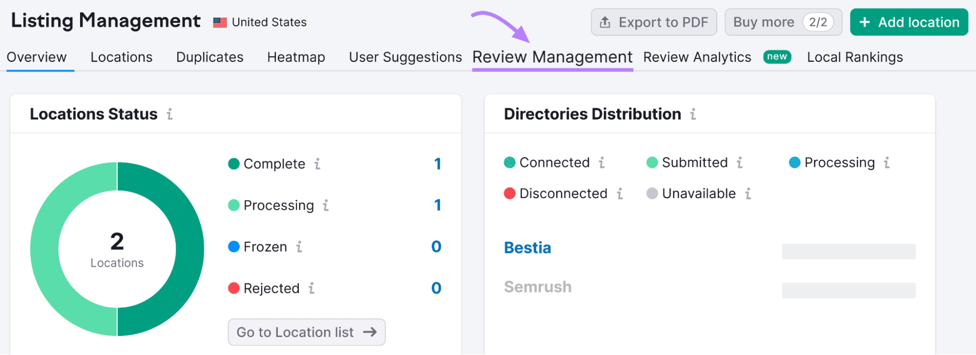 “Review Management” tab in Listing Management