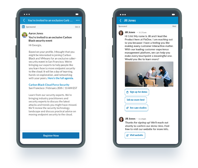 LinkedIn conversation ads showing multiple CTAs in message trail