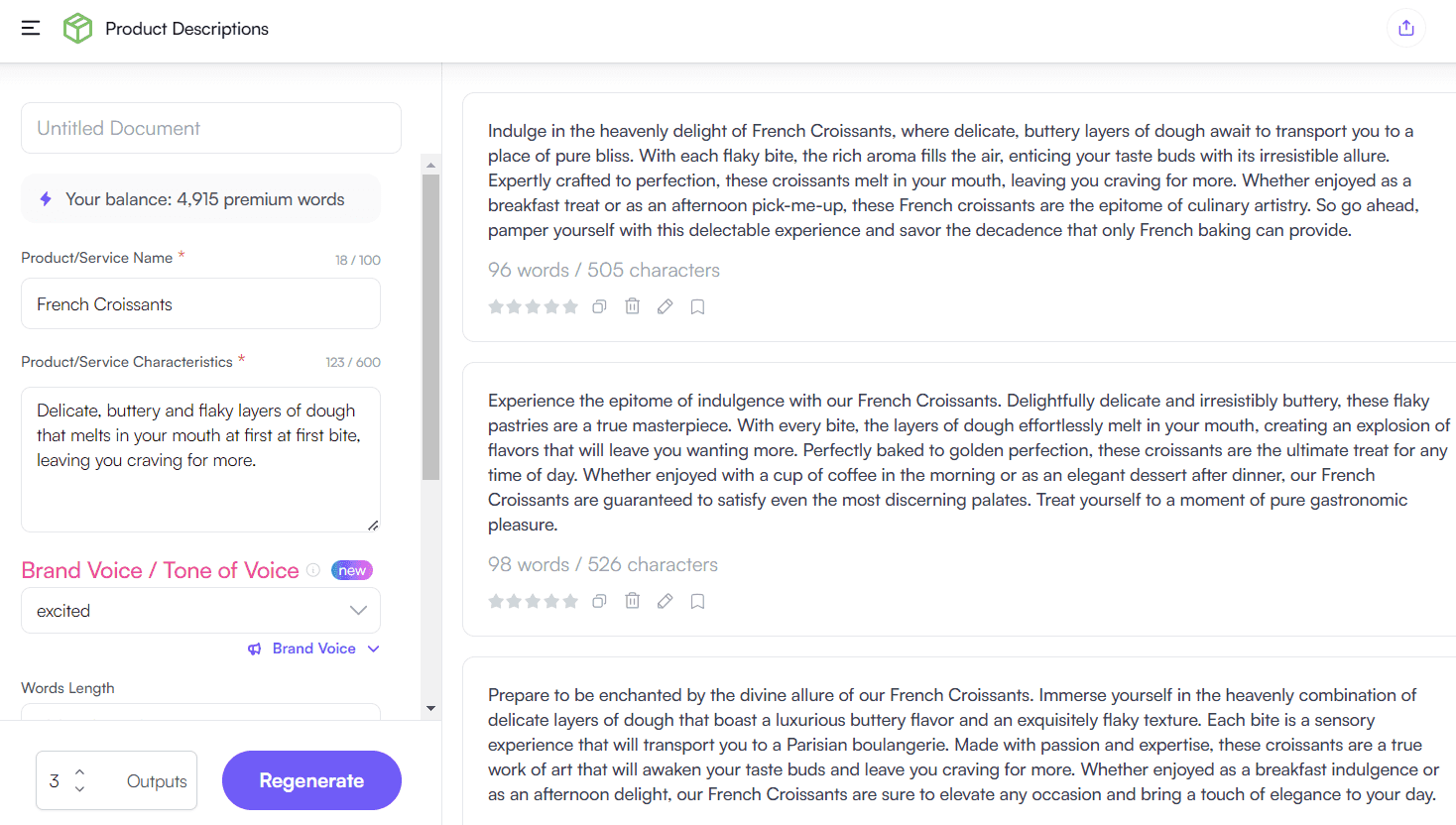 "Product descriptions" page in Writesonic