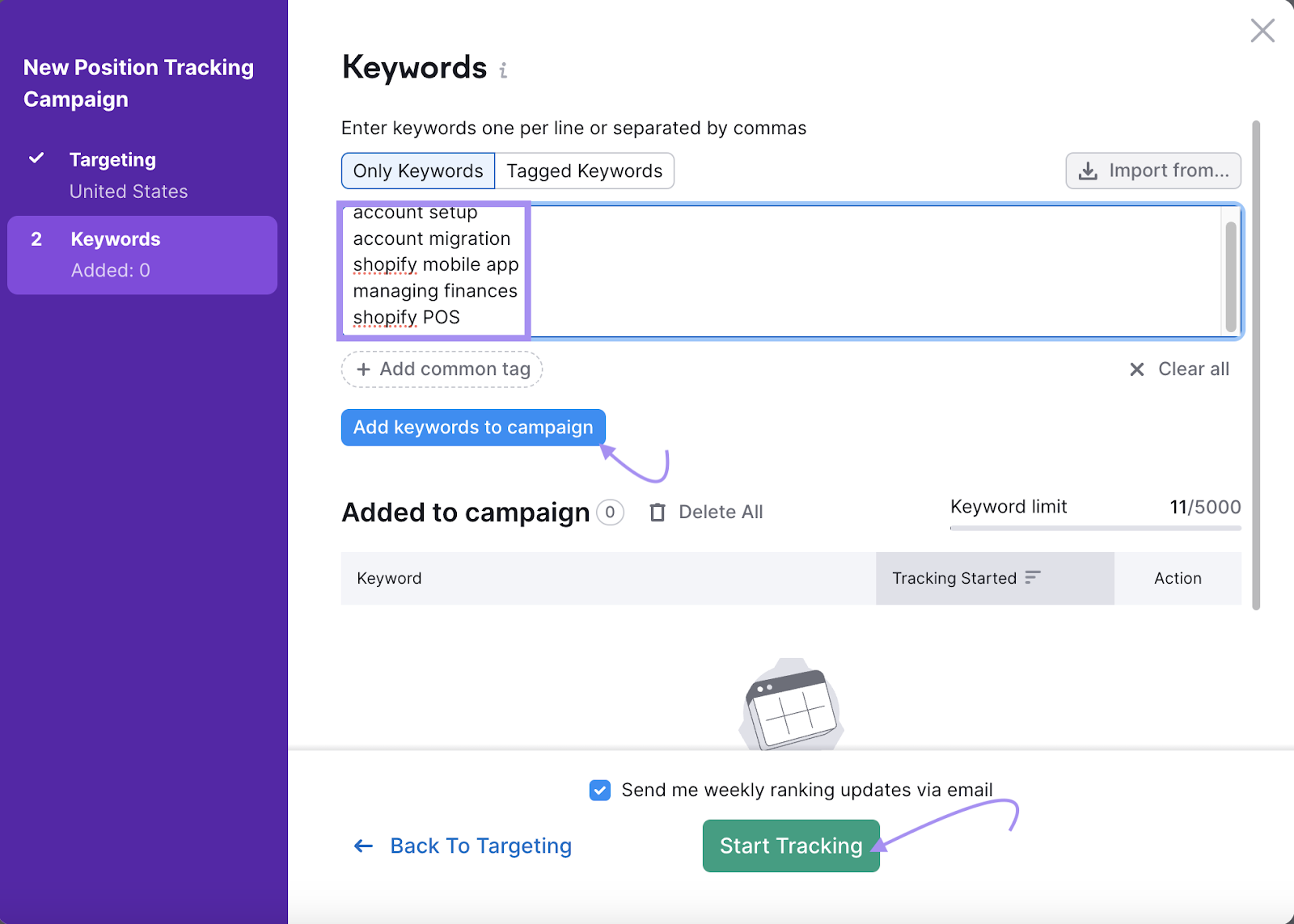 "Keywords" page in Position Tracking settings