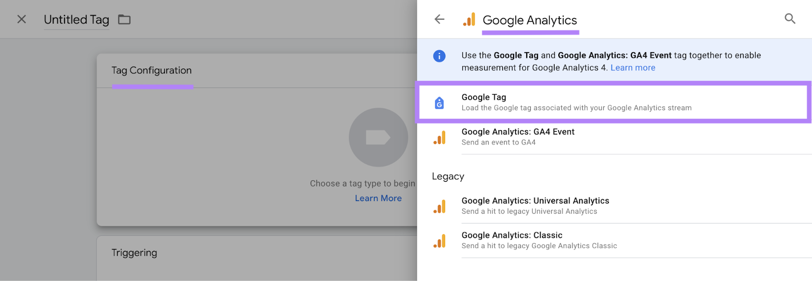 “Tag Configuration” > “Google Analytics” > “Google Tag" buttons highlighted