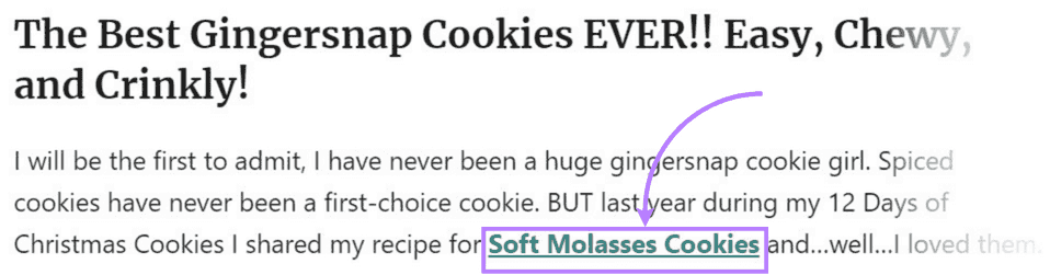 An example of a link with anchor text "Soft Molasses Cookies"