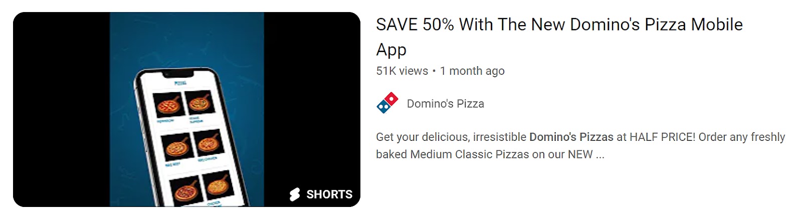 Domino’s Pizza mobile app promoted on YouTube