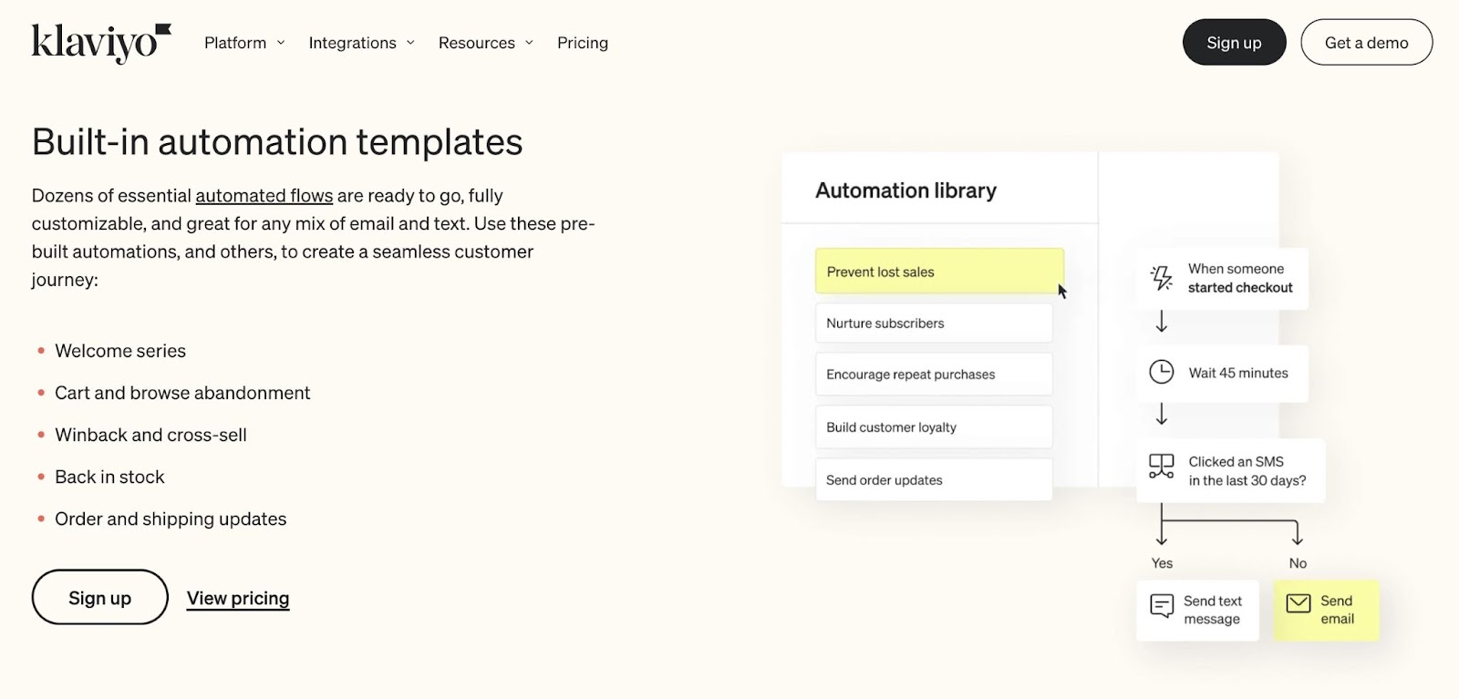 "Automation templates" section on the "Klaviyo" website showing a list of ready-to-use flows and a visual of how it works.