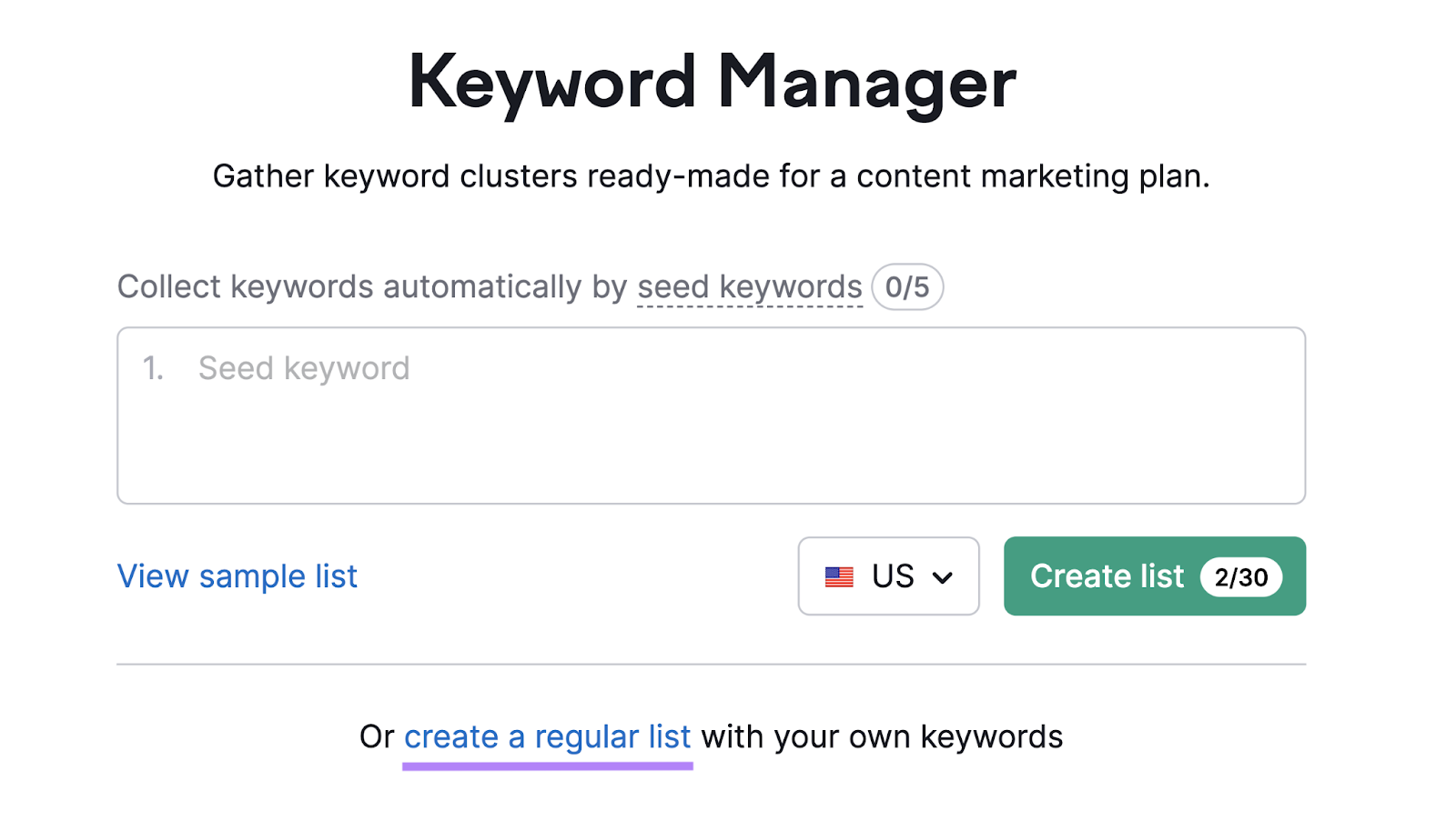 create a regular list link in Keyword Manager tool