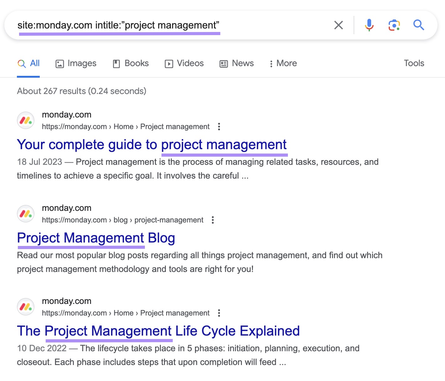 Google's SERP for “site:monday.com intitle:”project management”” search query