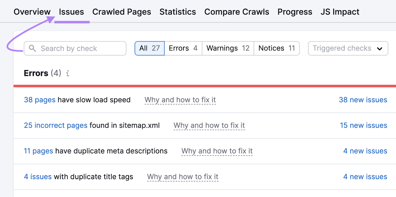 "Errors" shown under the "Issues" tab in Site Audit tool