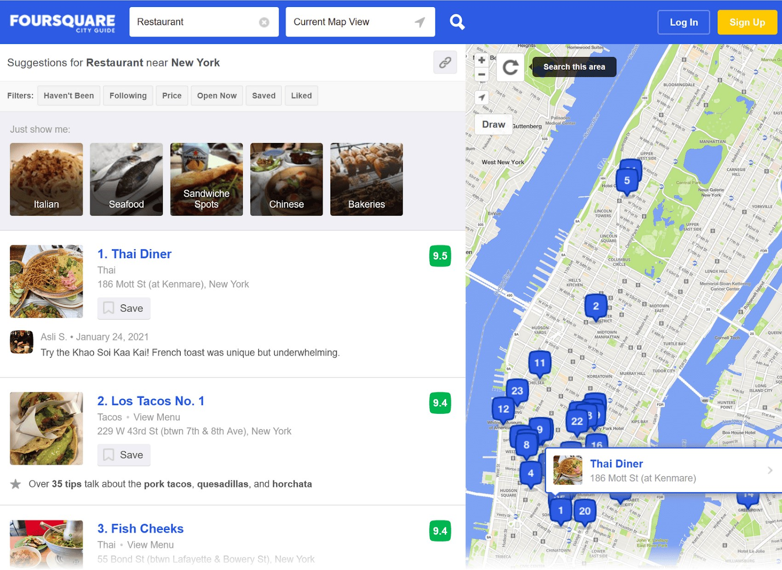 Résultats de Foursquare répertoriant les restaurants à gauche et les affichant sur la carte à droite
