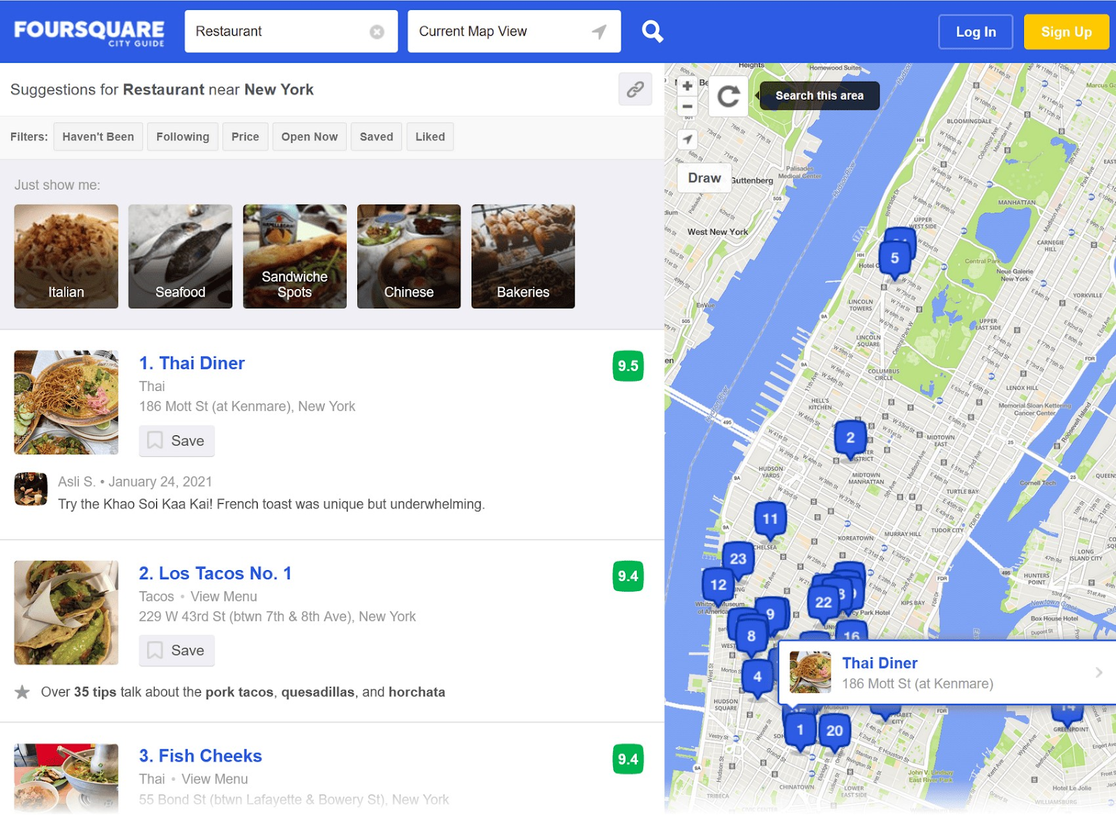 Los resultados de Foursquare listando los restaurantes a la izquierda y mostrándolos en el mapa a la derecha