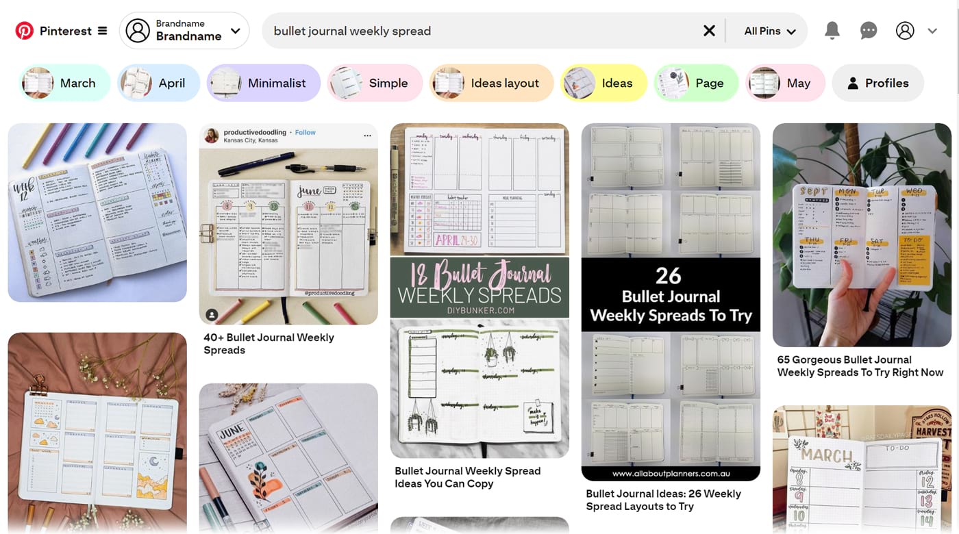Pinterest search results for the long-tail keyword "bullet journal weekly spread."