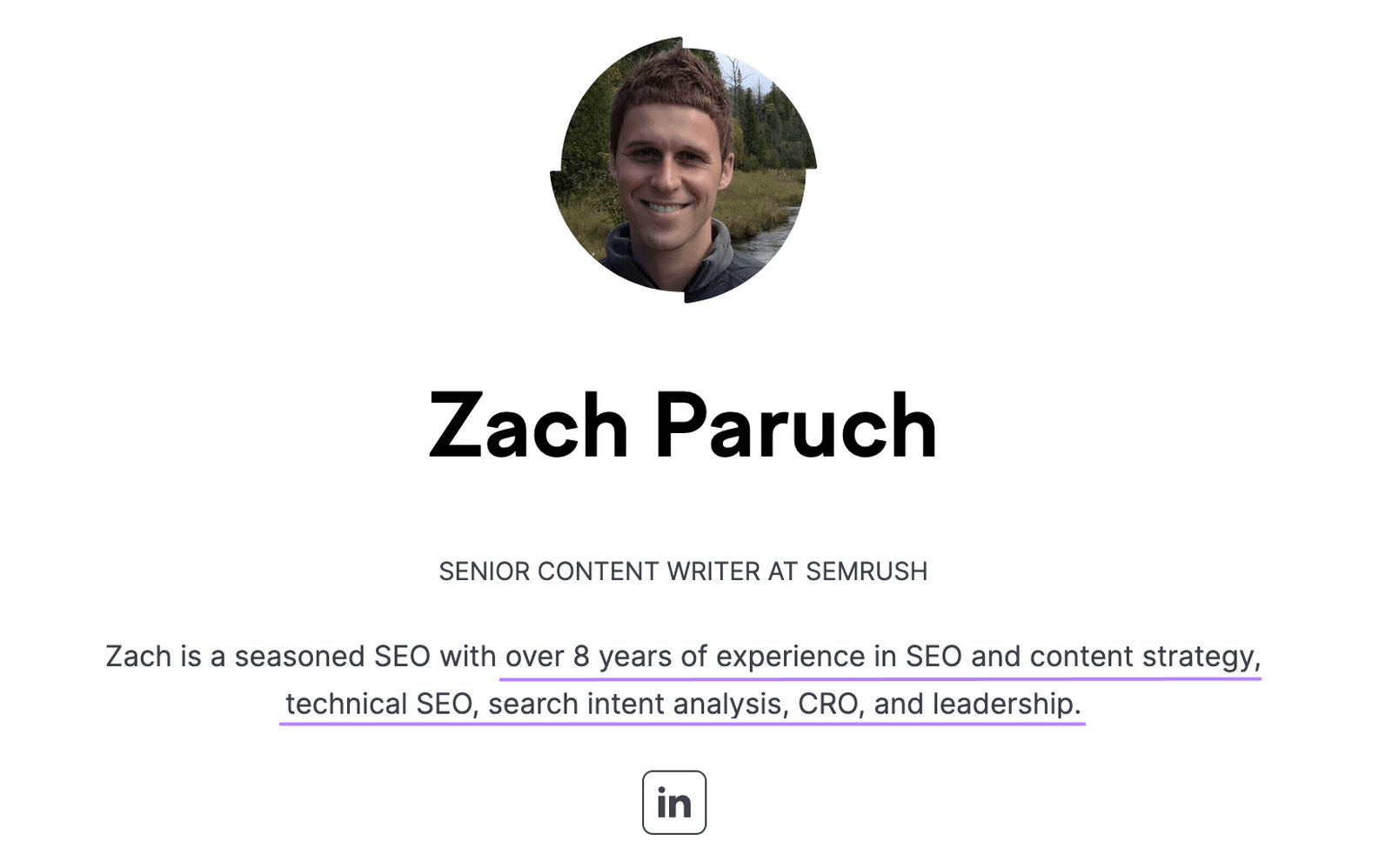 Captura de pantalla del perfil del blog de Semrush de Zach Paruch.