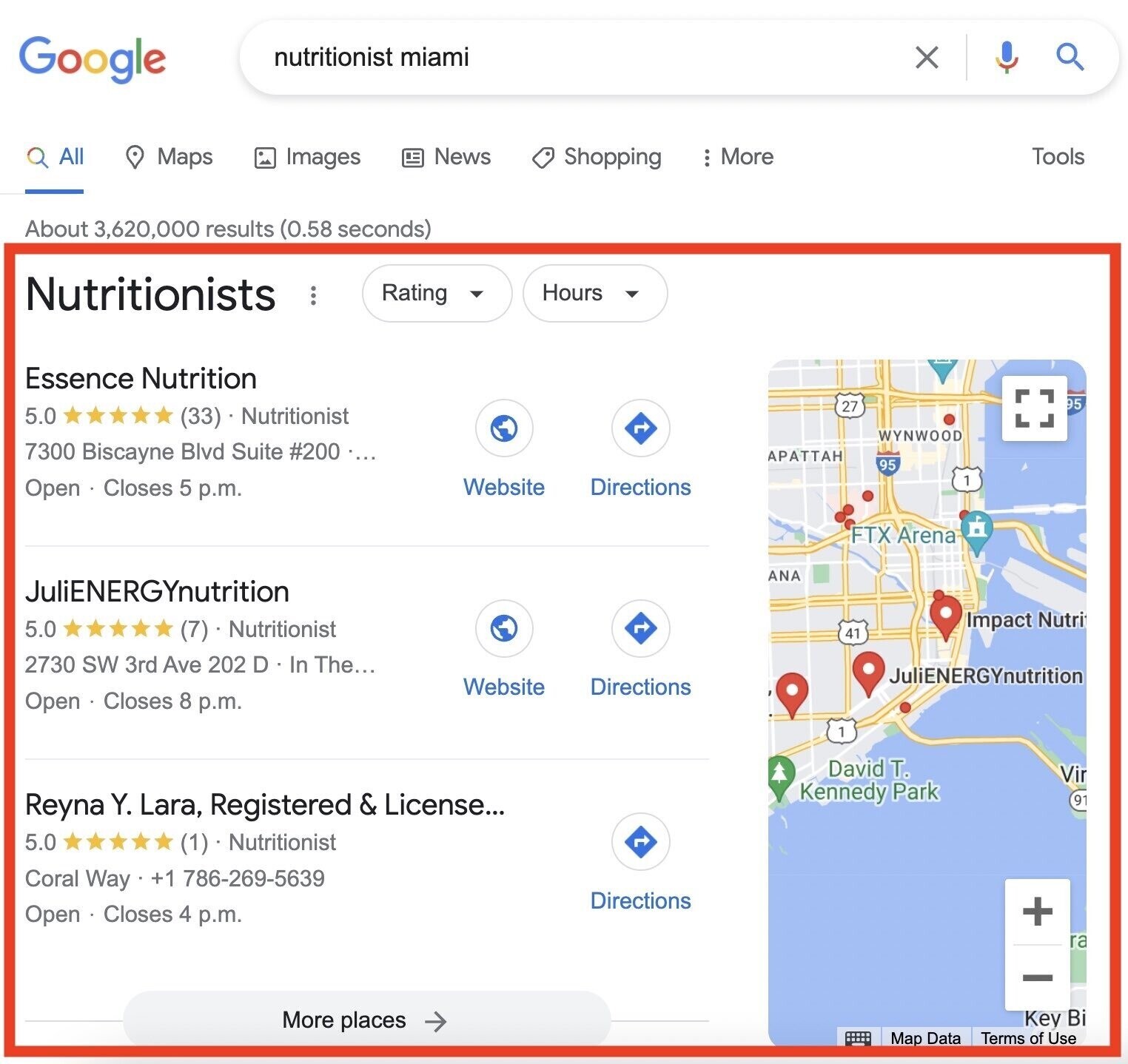 Google local pack search results