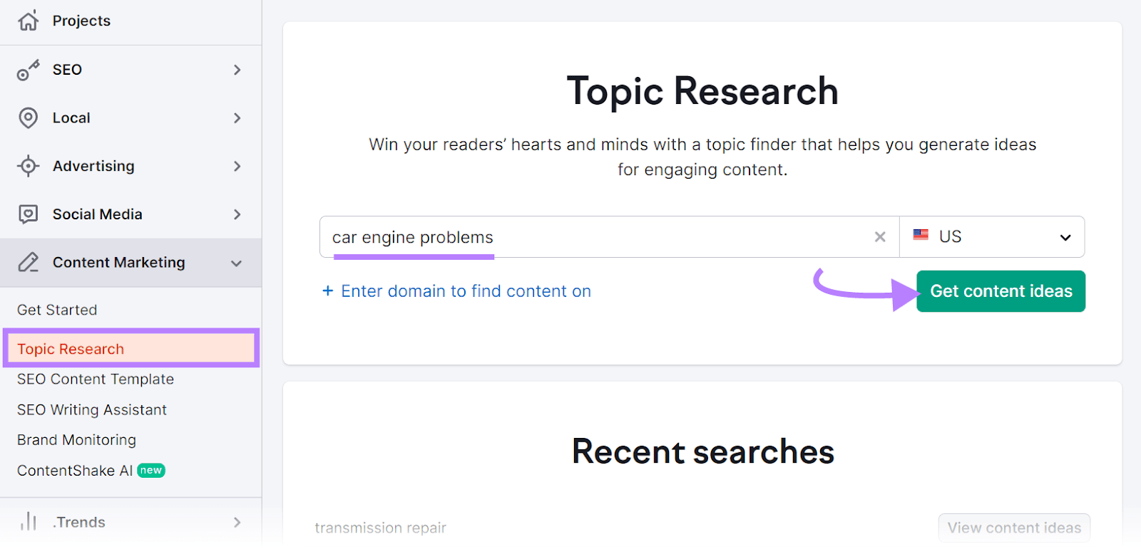 "car engine problems" keyword entered into the Topic Research tool search bar
