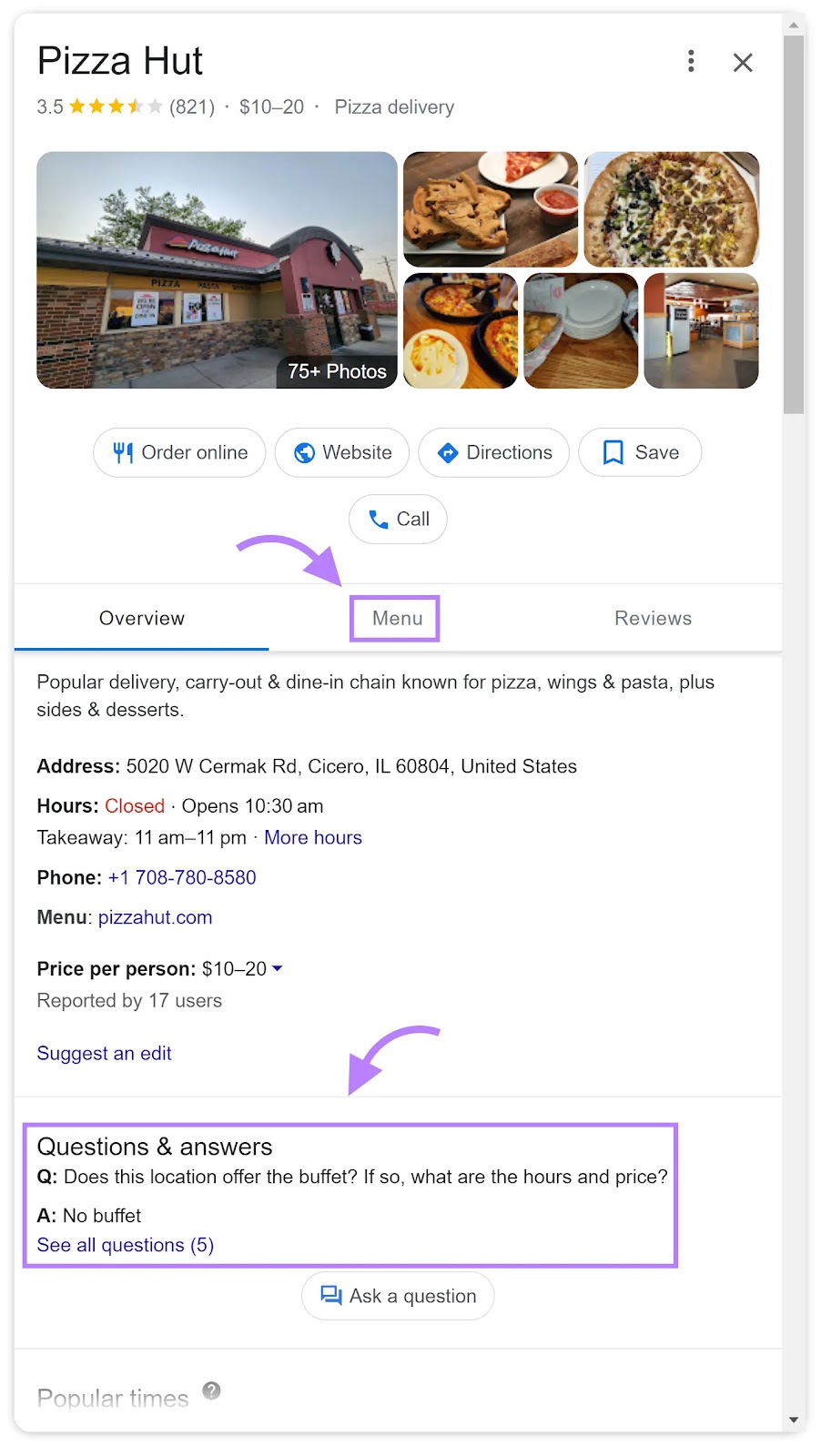 Perfil de empresa de Google de Pizza Hut con la pestaña "Menú" y la sección Q&A resaltadas.