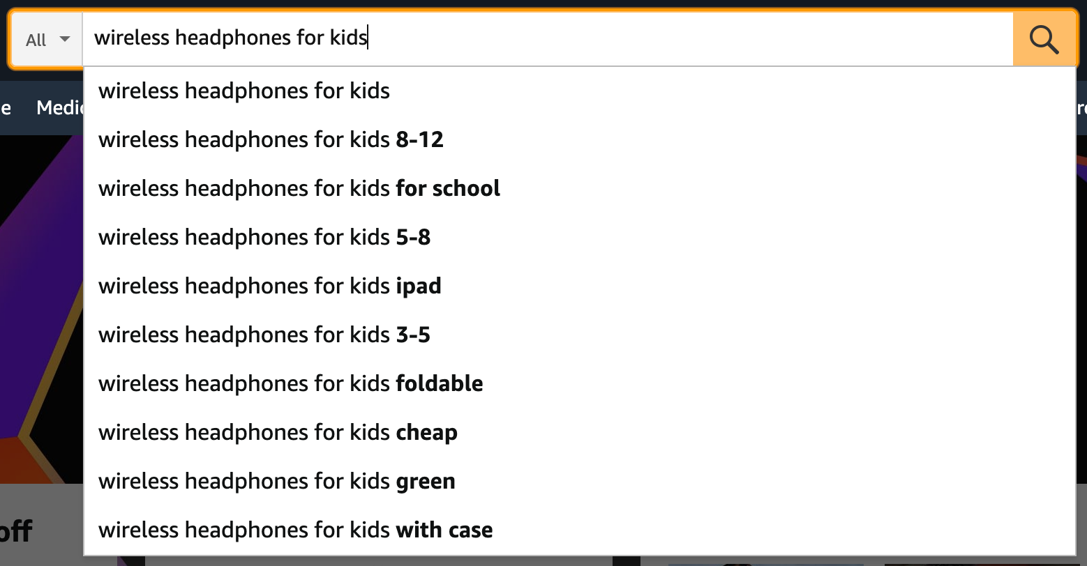 Amazon’s search feature suggestions when typing "wireless headphones for kids"