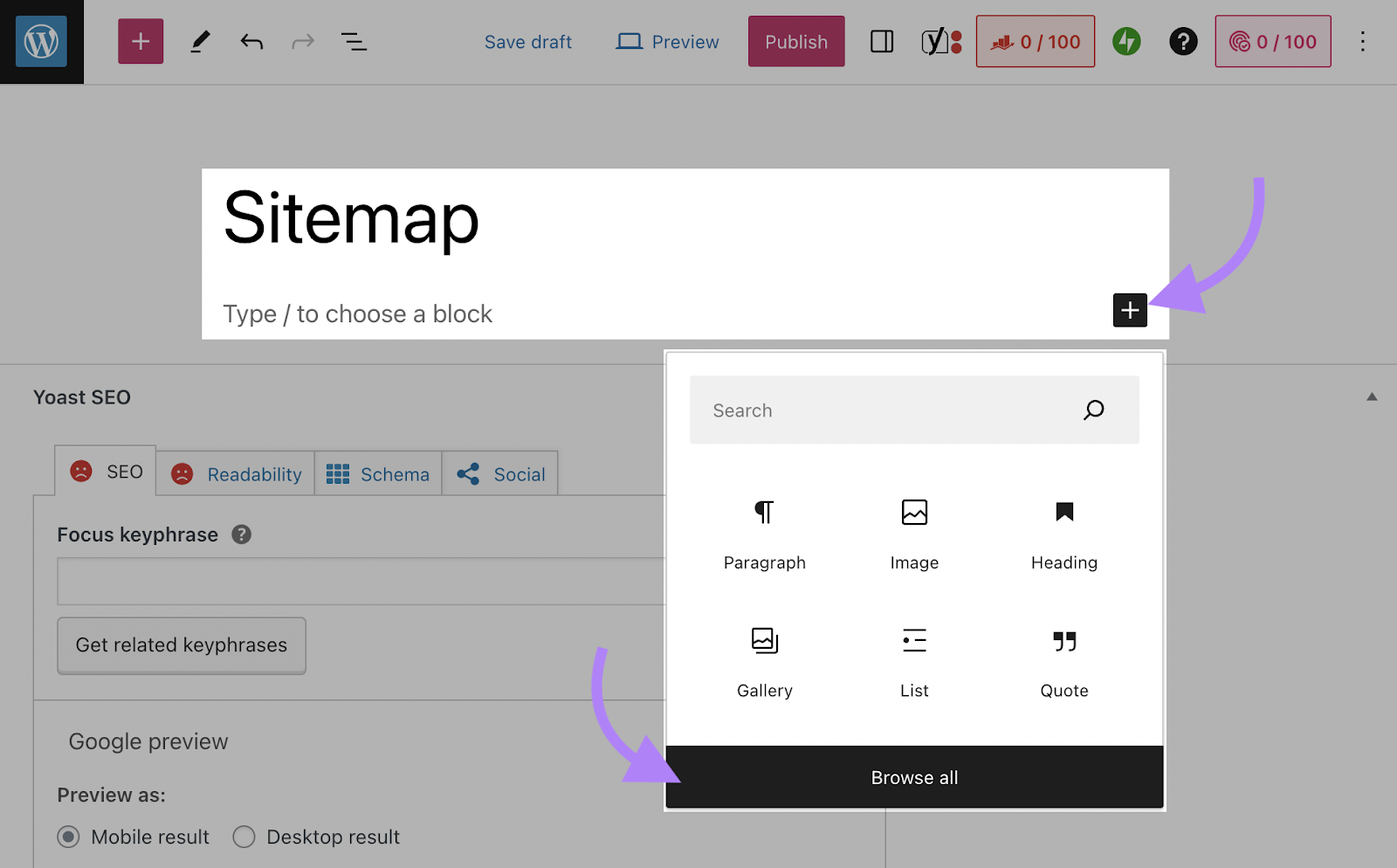 screenshot of a page with “Sitemap” title and adding a new block by clicking the plus icon